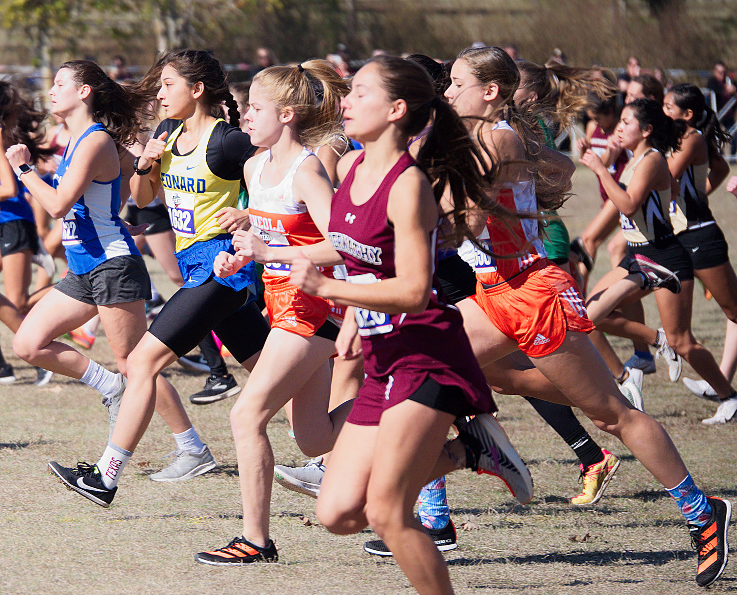 Juliana Stanley and Hannah Zoch, clad in orange, keep up with the rapid pace of their competitors near the front shortly after the start of the 3A girls cross country championship meet at Old Settlers Park in Round Rock on Saturday.